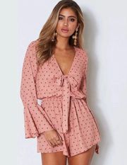 White Fox Boutique White Fox Dream of Me Polka Dot Bell Sleeve Playsuit Romper in Peach Size Small