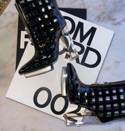 Versace Black Patent Leather Plexiglass PVC Platform Cutout Caged Boots