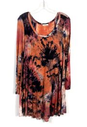 Orange Earthy Tie Dye Long Sleeve Jersey Stretch Knit Longline Tunic Top