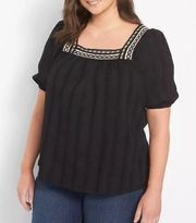 Black Classic Crochet Square-Neck 100% Cotton Short Sleeve Blouse