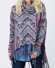 Free People be the One Poncho Fringe Sweater Oversized Size Small