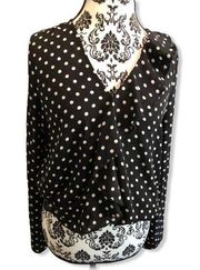 Finn & Grace Faux Wrap Black & Cream Polka Dot Top size Medium