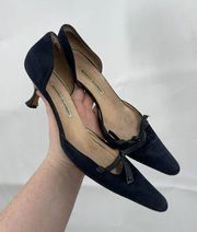 Manolo Blahnik 39 Leather Navy Blue Suede DOrsay Bow Kitten Heels