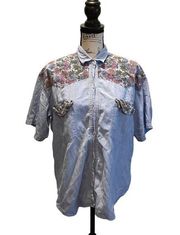 Vintage Pier 1 Imports Passports Chambray Cotton Denim Shirt Blue Medium Floral