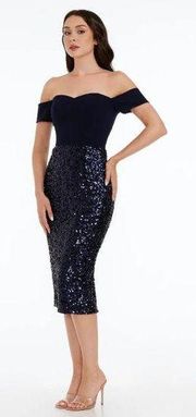 NWT Dress the Population Bailey Sequin Off the Shoulder Midi Dress XS Black