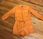 Vintage  Style Set Suit Leather Blazer Jacket shorts bright zip moto biker