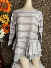 NWT  Grey/White Striped Ruffle BabyDoll Top | MEDIUM |