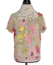 Joe Fresh Womens Sheer Floral Top Blouse Crinkle Ruffle Short Sleeve Size small