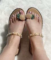 pearl pineapple pearl strap sandals beige