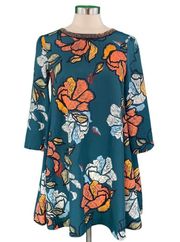 Anthro Maeve Sketched Peonies Floral Beaded Tunic Swing Dress