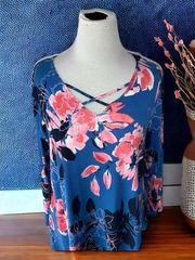 Ruby Rd quarter sleeve cobalt blue floral theme vneck pullover blouse size large