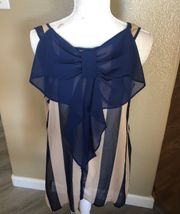 Navy Blue Striped Bow Blouse