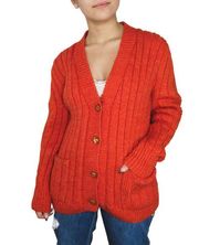 1970s Handmade Chunky Knit Orange Cardigan Sweater Tortoise Buttons Medium