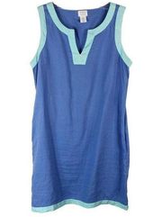 Sigrid Olsen Small Dress Shift Blue Linen Mini Solid V Neck Sleeveless 139