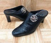 BRIGHTON “Ravish” Napa Snake Embossed Leather Black Mules Heels Size 6.5
