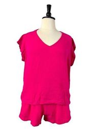 Three Dots Short Set Double Gauze Cotton 4” Inseam V Neck Hot Pink Women’s XXL