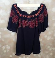Navy Blue Blouse with Floral Embroidery