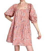 Pink & Red Paisley Printed Mini Puff Sleeve Dress