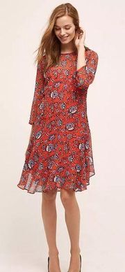 Donna Morgan Anthropologie 3/4 Sleeve Floral Midi Dress Orange Blue Womens 10