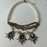 TOPSHOP Pearl and Dangling Blue Stone Necklace Gold Tone w/ Spikes