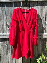 New June & Hudson red dress v neck ruffle sleeves faux wrap button front lined