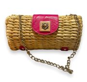 Small Wicker Handbag With Pink Leather Accents