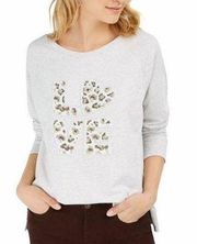 Style and Co Womens Sweatshirt Sequin Leopard Pattern LOVE Gray Brown Small