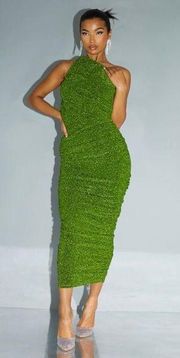 Green Glitter Plisse Ruched One Shoulder Midi Dress Women Size 10