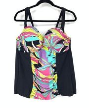 Lane Bryant Tankini Swim Top Women's Size 40DDD Tropical Print Black Ruched