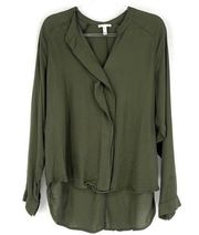 Leith Ruffle Front Hi-Lo Blouse Olive Green M