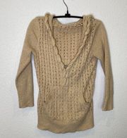 Dkny Beige Cable Knit V-Neck Hooded Sweatshirt EUC Sz Sm Cotton Pullover