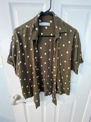 Polka Dot Print Short Sleeve Button-Up Top