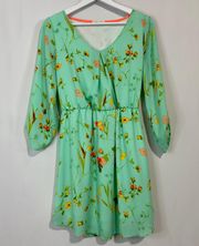 Women’s 3/4 Sleeve Mini Floral Print V Neck Dress Mint Size Medium