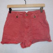 Red High Rise Utility Frayed Hem Shorts