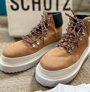 NIB SCHUTZ MARLUA PLATFORM LACE WATERPROOF HONEY BEIGE BLACK SZ 7.5B