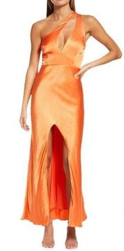Bardot Ambroise One Shoulder Orange Satin Slit Cut Out Cocktail Maxi Dress 2 NWT