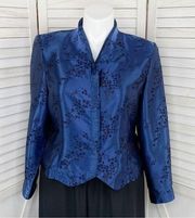 Liz Baker Floral Satin Brocade Blouse Blue Black 14P