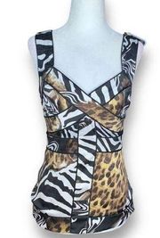 Vintage Cache Top Sleeveless Animal Print Sleeveless Cross Front Silk Open Back