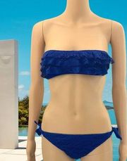 Hula Honey (S) Blue Tiered Ruffled Lace Bandeau Bikini Top Bottoms Swimsuit Set