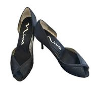 Nina satin black peep toe 3” heels