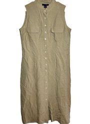 Boston Proper Midi Dress Linen Silk Utility Button Up Chest Pockets Tan 16 NWT