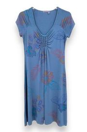 Fresh Produce blue floral knit stretch ruched V neck short sleeve midi dress