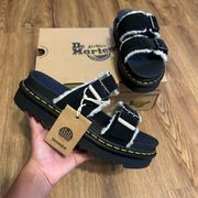 DR MARTENS Myles Black Leather Fur Slippers Slides Sandals Shoes New 