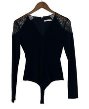 Alice + Olivia Size SP Black Thong Lace Panel Bodysuit