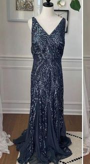 Nightway Steel Blue Sequin Mesh Mermaid Formal Gown Dress 16W