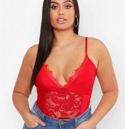 NWT Boohoo Lace Lingerie Bodysuit Top | Red | US 16