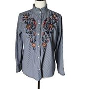 Westport 1962 Womens Floral Embroidered Blouse Blue Striped High Collar Size M