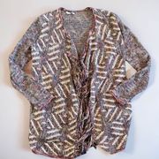 Lucky Brand Cardigan Boho Open Sweater with Fringe Cream Grey Pink Size M