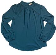 Loft  Teal Ruffle High Neck Long Sleeve Blouse