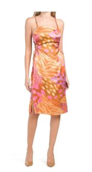 Printed Midi Dress Pink, Orange, Brown Spaghetti Straps S